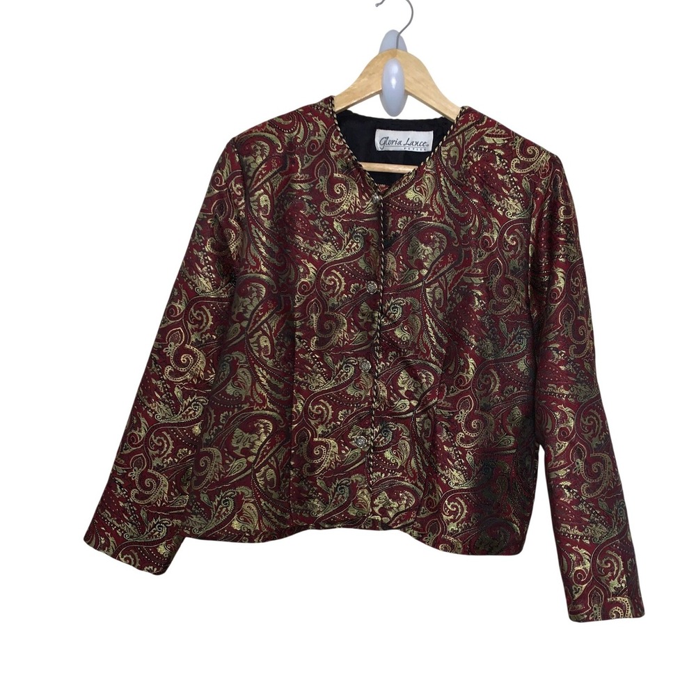 Gloria Lance Petite Red Gold Paisley Brocade Evening Jacket Metallic‎ Button